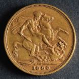 An 1880 Victorian Gold Sovereign of Melbourne Mint.