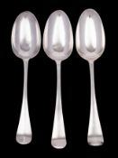 Three 'Fancyback' Hanoverian silver tablespoons, maker Joseph Bell II,