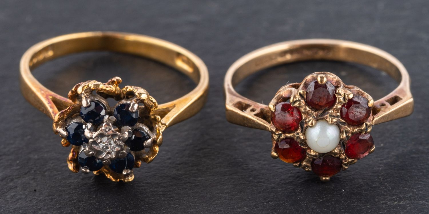 Two gold cluster rings, including an 18ct gold, diamond and sapphire cluster ring; and a 9ct gold,