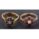 Two gold cluster rings, including an 18ct gold, diamond and sapphire cluster ring; and a 9ct gold,
