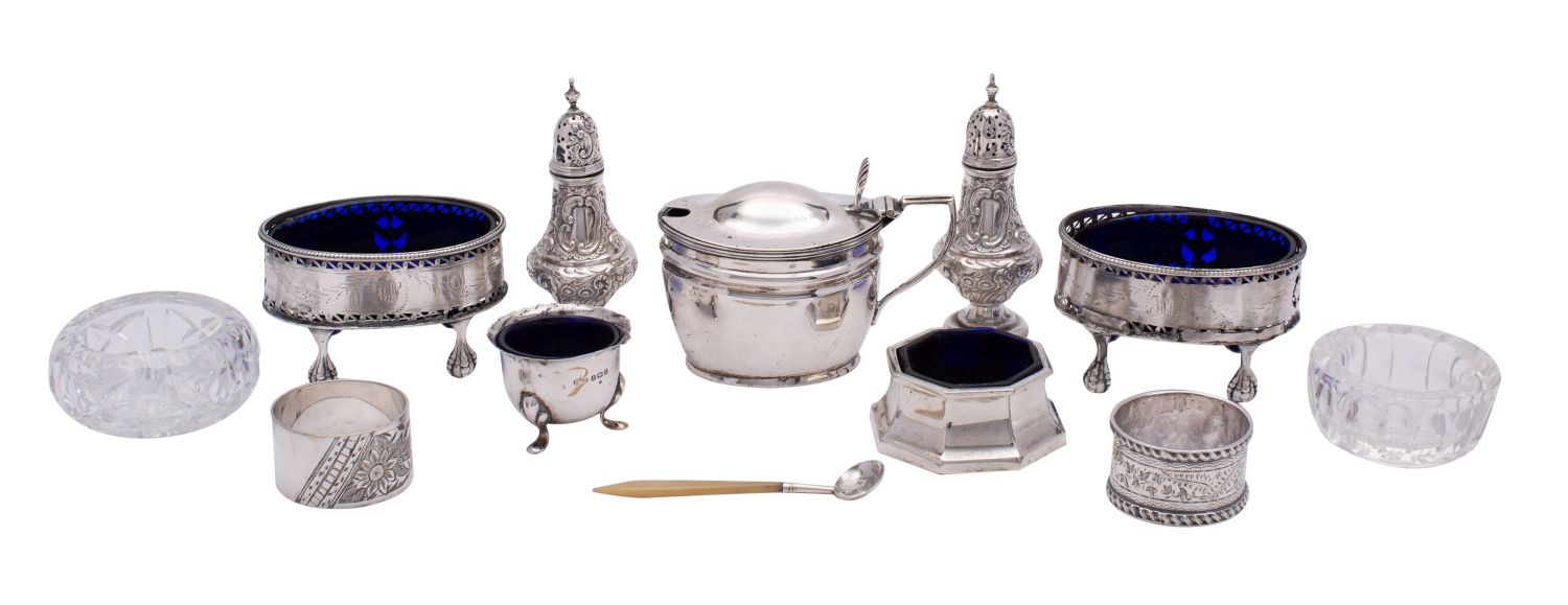 A small group of silver condiments, to include, a Victorian silver mustard pot, Henry Stafford,