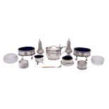 A small group of silver condiments, to include, a Victorian silver mustard pot, Henry Stafford,