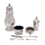 A George IV silver sugar shaker, marks rubbed, Birmingham 1946, of baluster form on a collet foot,
