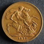 An 1878 Victorian Gold Sovereign.