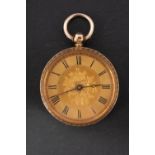 An engraved 18ct gold open-faced pocket watch the gold dial with black Roman numerals,