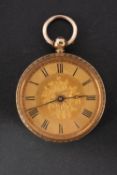 An engraved 18ct gold open-faced pocket watch the gold dial with black Roman numerals,