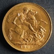 A 1905 Edwardian Gold Sovereign.