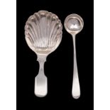 A William IV silver caddy spoon Fiddle and Shell pattern together with a George III small silver
