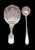 A William IV silver caddy spoon Fiddle and Shell pattern together with a George III small silver
