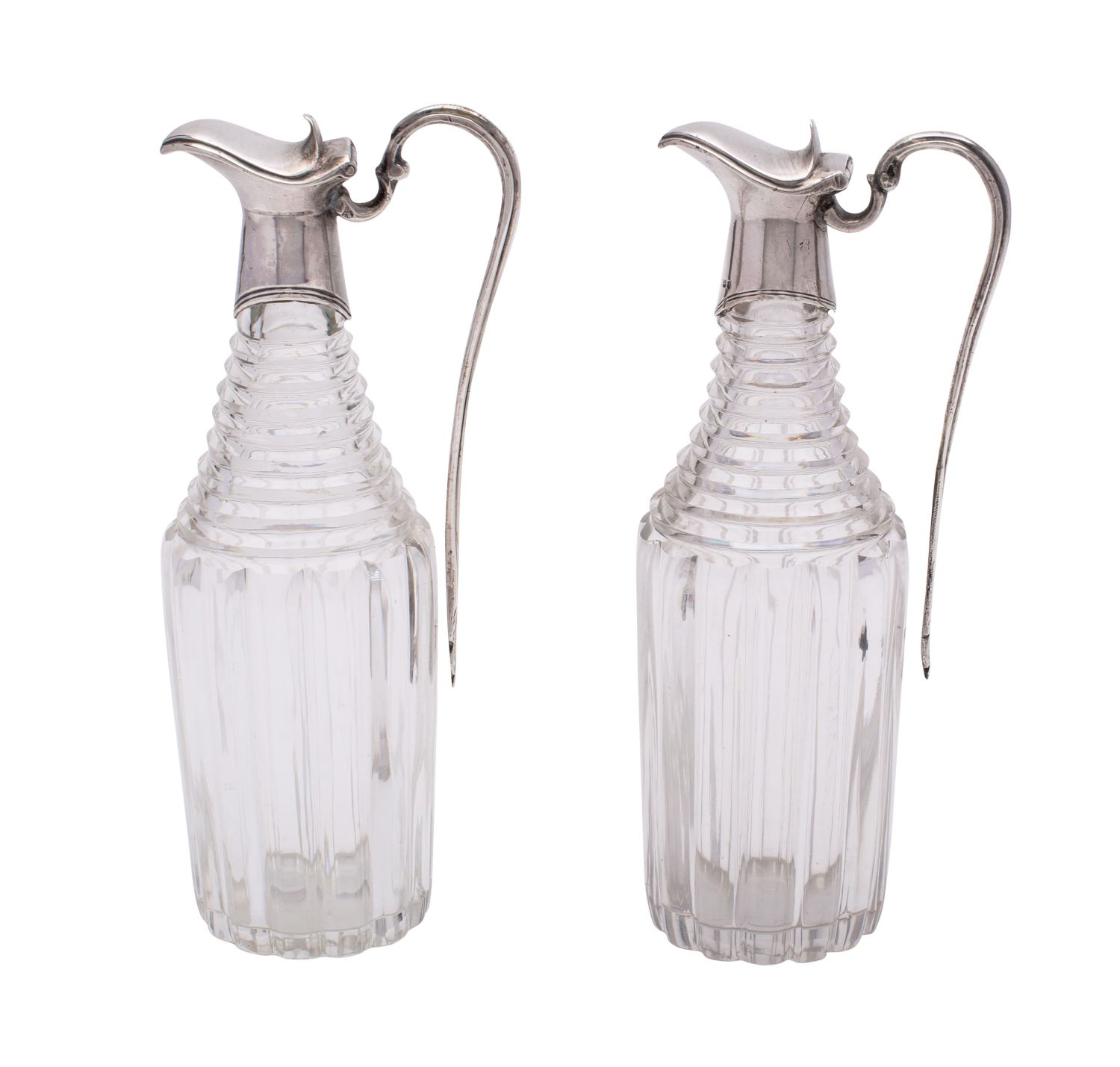 A pair of George III silver and cut glass oil and vinegar bottles, maker Robert Hennell,