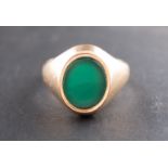 A 9ct gold, chrysophrase signet ring, length of ring head ca. 1.7cm, ring size O, total weight ca.