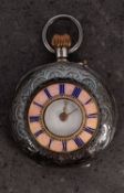 A silver and enamelled half-hunter fob watch the dial with black Roman numerals with the case fully