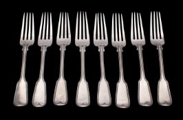 A set of four Victorian silver table forks, maker Francis Higgins, London 1859, and four other,