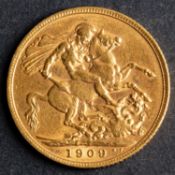 A 1909 Edwardian Gold Sovereign.