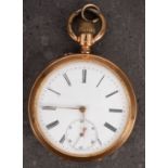 An 18ct gold open-faced pocket watch the white enamel dial with black Roman numerals,
