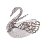 A Dutch silver and glass swan dressing table dish, London import marks 1964, E Ltd, 12.