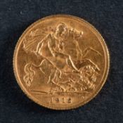 A George V gold half sovereign coin, dated 1912, diameter ca. 19mms, total weight ca. 4gms.