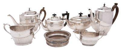 A small group of electro plate to include: a part reeded teapot, hot water jug and sugar basin,