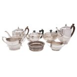 A small group of electro plate to include: a part reeded teapot, hot water jug and sugar basin,