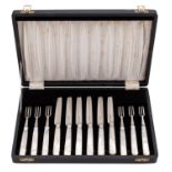 A cased set of Edward VII silver and mother of pearl fruit knives and forks, maker A&D,
