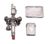 An early 18th century child's silver rattle, possibly Thomas Mason, (London), maker's mark only,