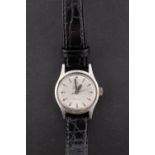 Omega a stainless-steel lady's wristwatch the round dial having raised baton numerals,