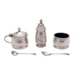 An Elizabeth II silver cased cruet, maker Adie Brothers, Birmingham 1955, comprising an open salt,