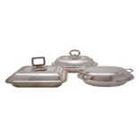 Three silver plate entree dishes and covers, three silver plated sauceboats with beaded edges,