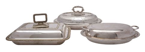 Three silver plate entree dishes and covers, three silver plated sauceboats with beaded edges,