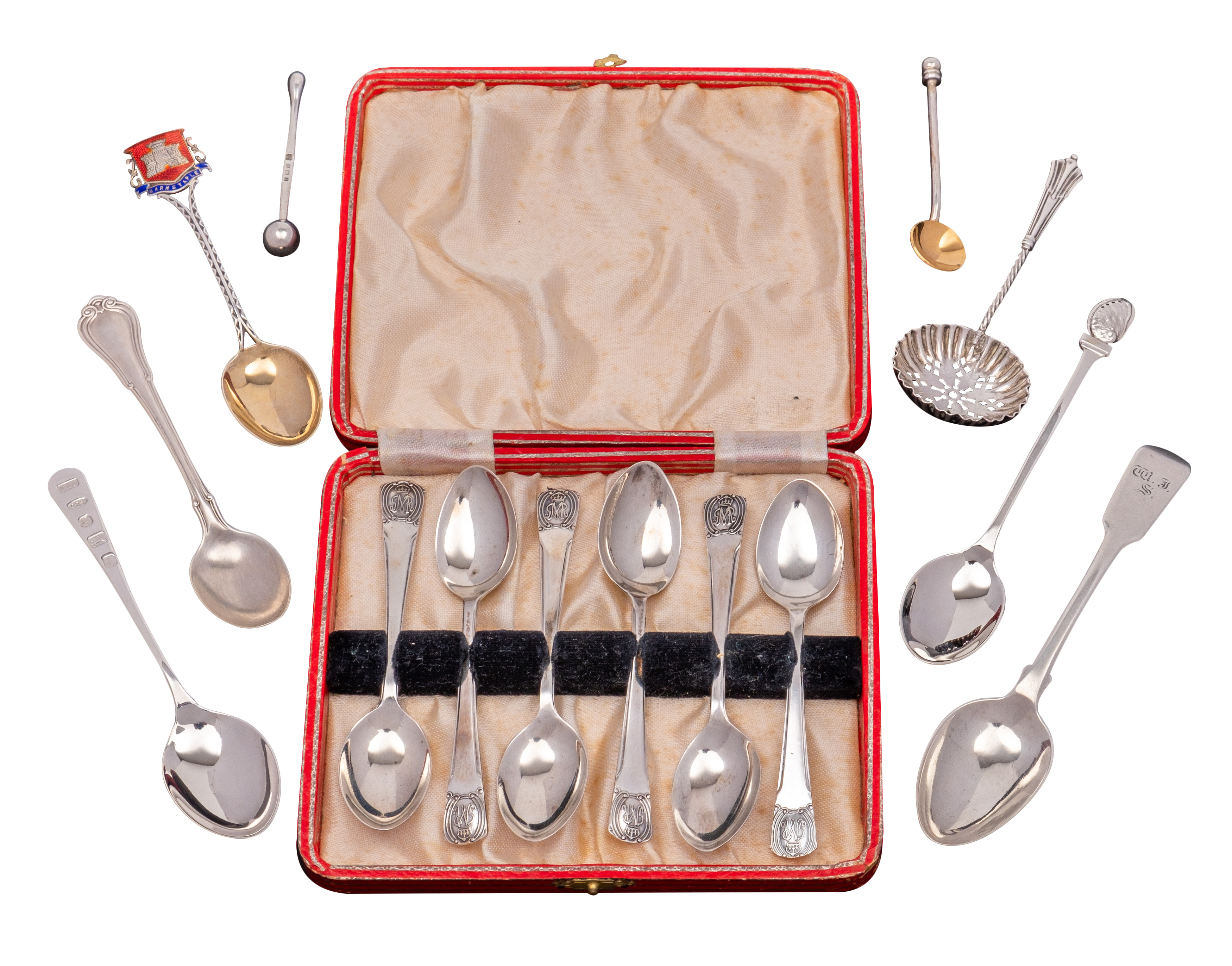 A small group of silver spoons, to include;- a Fiddle pattern teaspoon, maker Edward Thomasson,