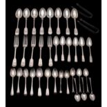 WITHDRAWN A matched part canteen of Fiddle pattern flatware to include, eight dessert spoons,