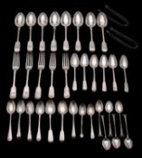 WITHDRAWN A matched part canteen of Fiddle pattern flatware to include, eight dessert spoons,