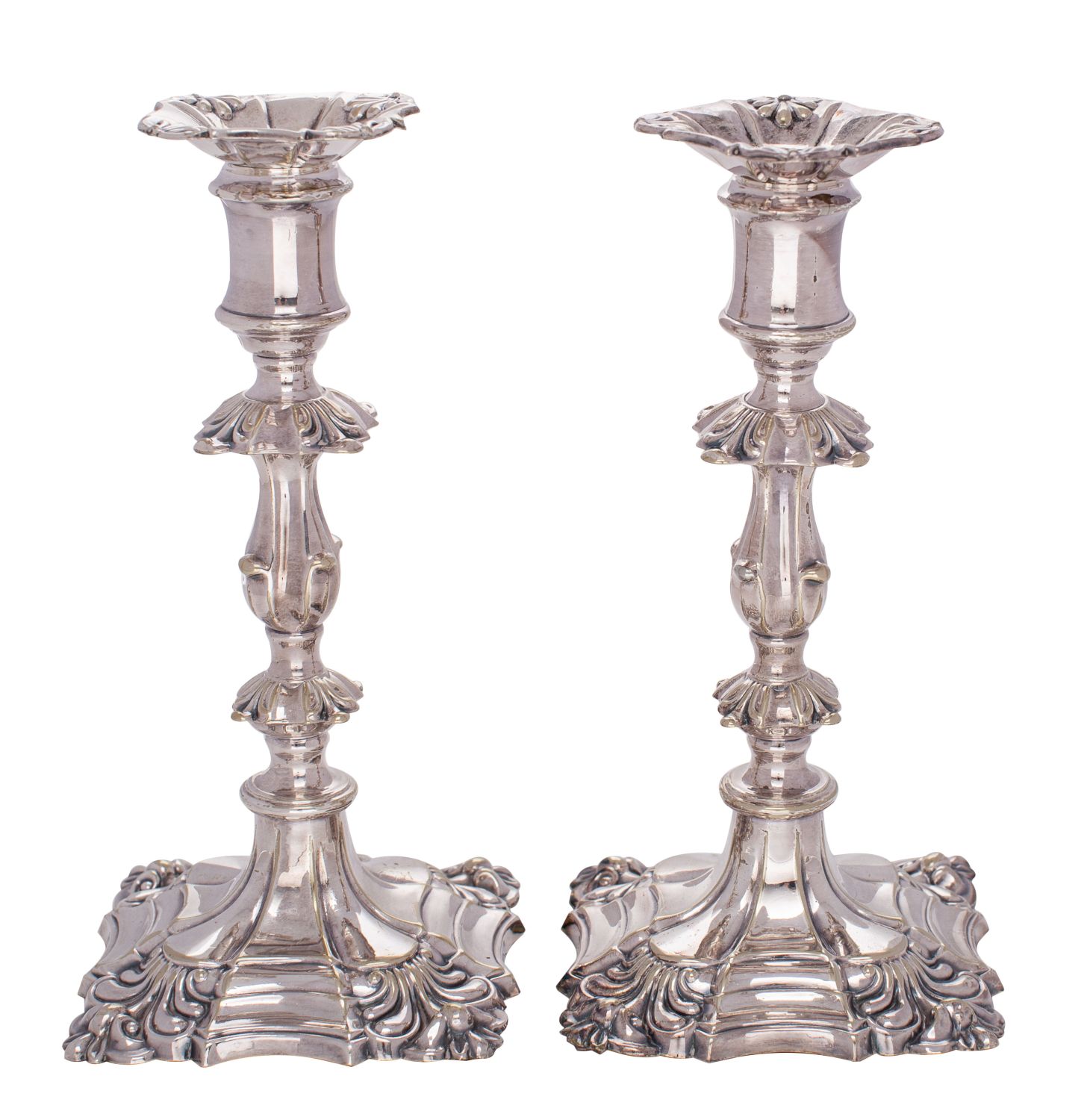 A pair of plated candlesticks in the George II taste with anthemion decoration and knopped stems, - Image 2 of 2