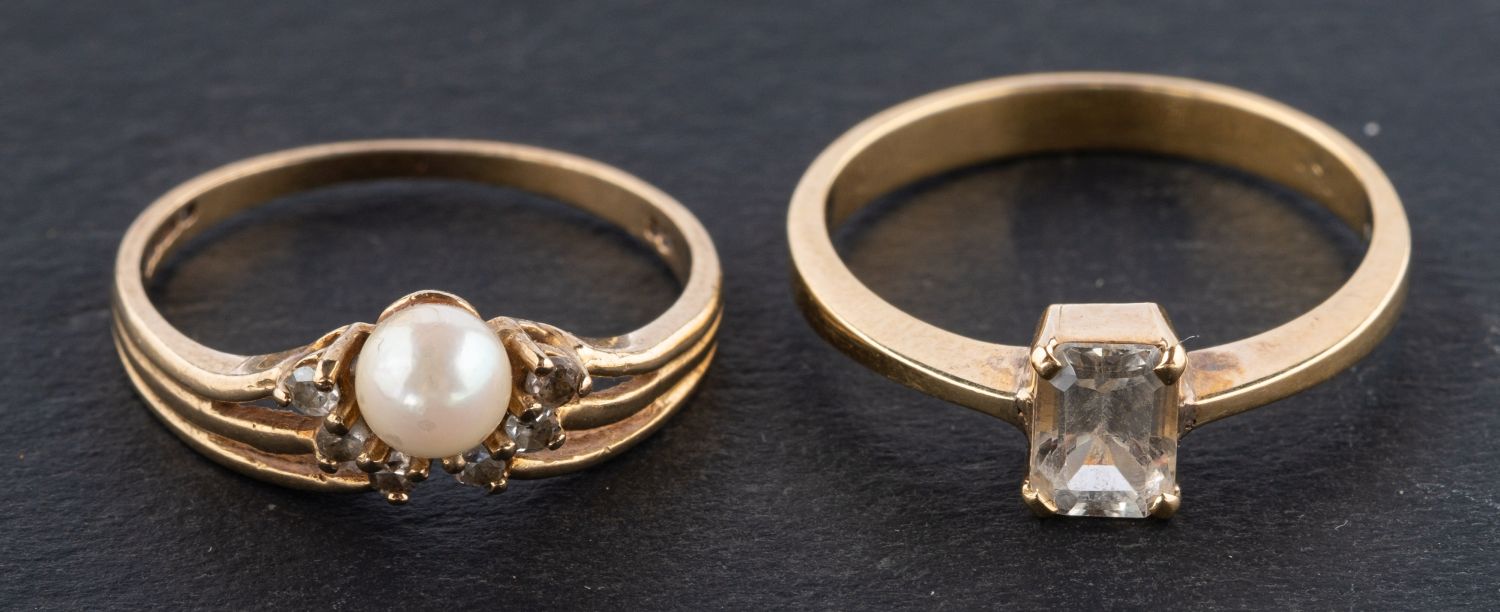 Two gemset rings, including a 9ct gold, cultured pearl and diamond cluster ring,
