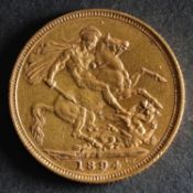 An 1894 Victorian Gold Sovereign of Sydney Mint.