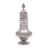 A George V silver sugar shaker, Henry Wigfull, Sheffield 1926, of baluster form, with pull off lid,