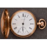 Waltham a 9ct gold hunter pocket watch the dial with black Roman numerals, blued-steel spade hands,