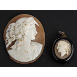 Two shell cameos both depicting the head of a lady in profile, one mounted as a pendant, lengths ca.