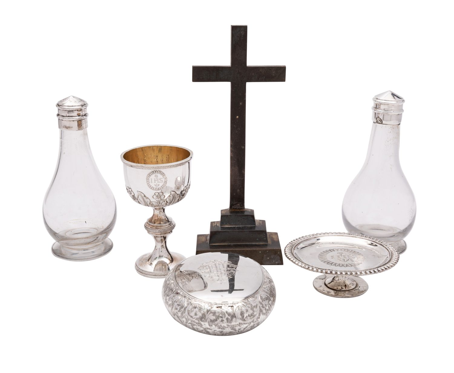 A late 19th century silver travelling altar and communion set, possibly military,