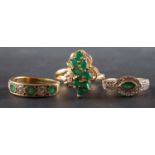 Three emerald and diamond rings, including an 18ct gold, five-stone ring,