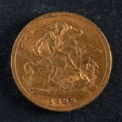 A Victorian gold half sovereign coin, dated 1899, diameter ca. 19mms, total weight ca. 3.9gms.