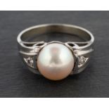 A cultured pearl and single-cut diamond ring, diameter of cultured pearl ca. 8.