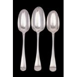 Three Hanoverian tablespoons, two by James Wilks, London 1742 and 1748, the other by Henry Norris,