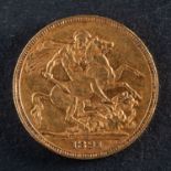 A Victorian gold sovereign coin, dated 1891, diameter ca. 22mms, total weight ca. 7.9gms.