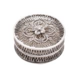 An English silver filigree gaming counter box, un- marked possibly 18th century, of circular form,
