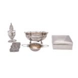 A mixed lot of silver items to include; a square cigarette casket, Birmingham 1903,