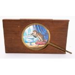 A 19th Century magic lantern lever slide of a monkey with a fork over a fish bowl, unsigned,