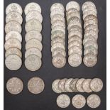 Approximately forty pre 1947 shillings, with approximately sixteen pre 1947 florins.