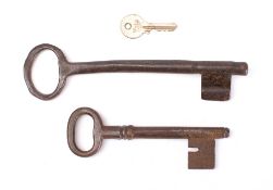 An 18th century Irish steel key, 21cm long:, together with one other 18th century ? steel key,