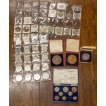 Crown sized coins including those dated in 1935 and 1937, 1980 silver proof crown, 1953 boxed set,